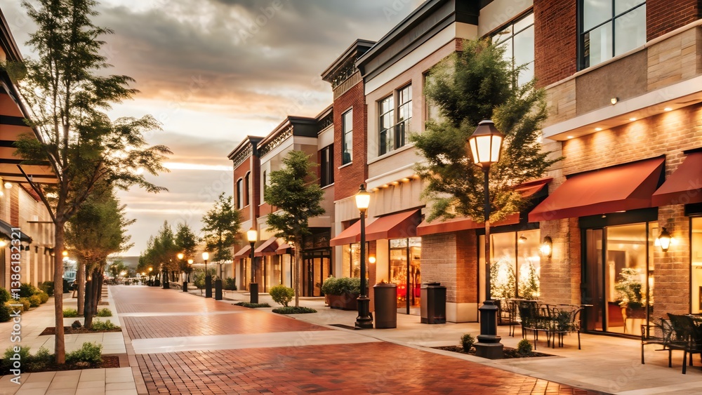 Fototapeta premium Charming Urban Shopping Street at Dusk with Modern Storefront Architecture