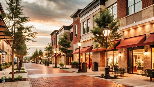 Charming Urban Shopping Street at Dusk with Modern Storefront Architecture