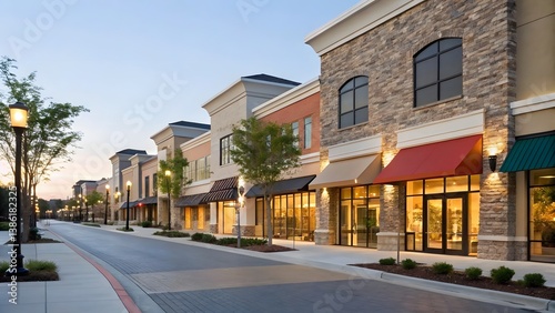 Charming Urban Shopping Street at Dusk with Modern Storefront Architecture