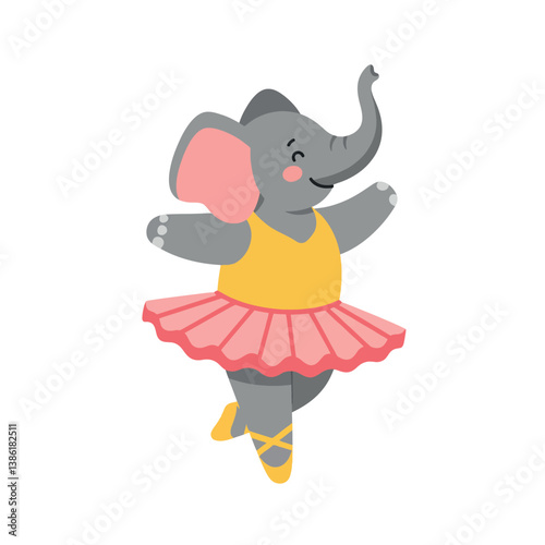 Cute elephant in a yellow tutu performing ballet dance in a flat vector illustration