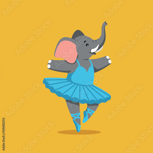 Playful elephant dancing joyfully in a blue tutu with a whimsical expression in flat vector art