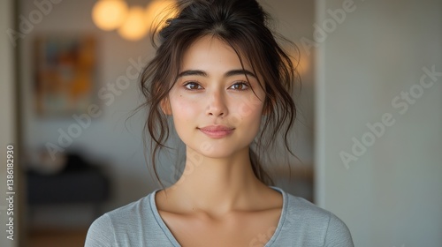 Free Download Young Asian woman in yoga attire with calm expression; serenity and mindfulness in simplicity. - GFXLoad