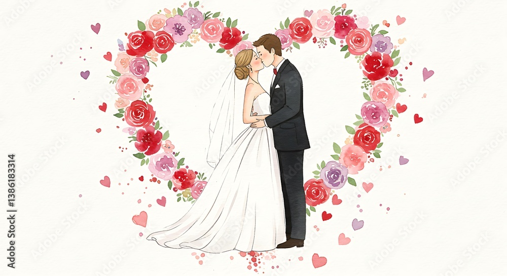 Watercolor Romance: A Wedding Kiss Framed by a Heart of Roses AI Generated Watercolor Romance: A Wedding Kiss Framed by a Heart of Roses AI Generated