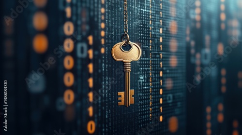 Golden key amidst binary code