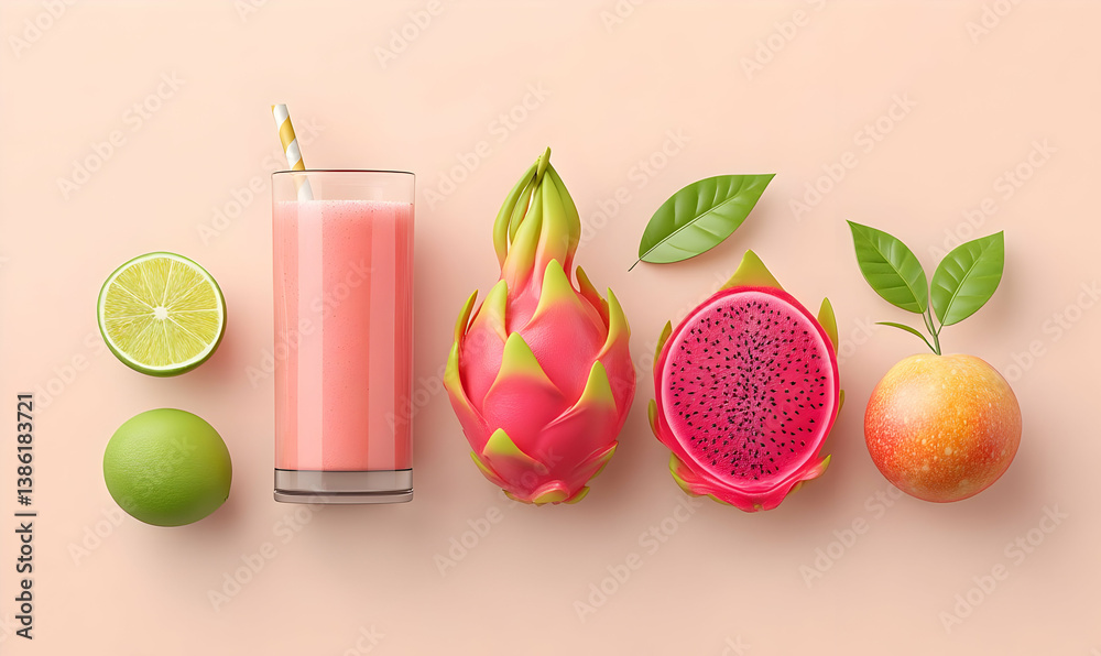 Fototapeta premium Refreshing Dragon Fruit and Citrus Flat Lay with Smoothie and Fruit