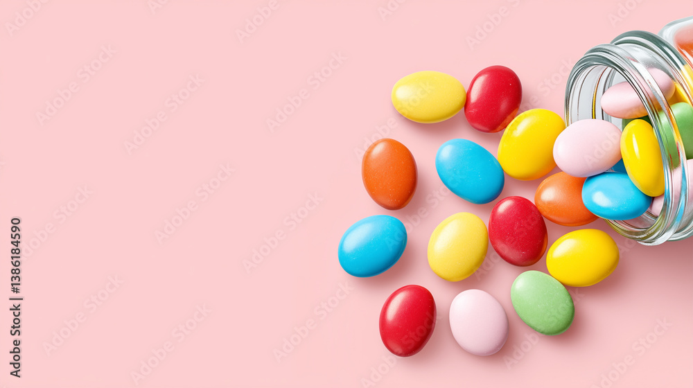 Obraz premium Colorful candy-coated almonds spilling from glass jar on pink background