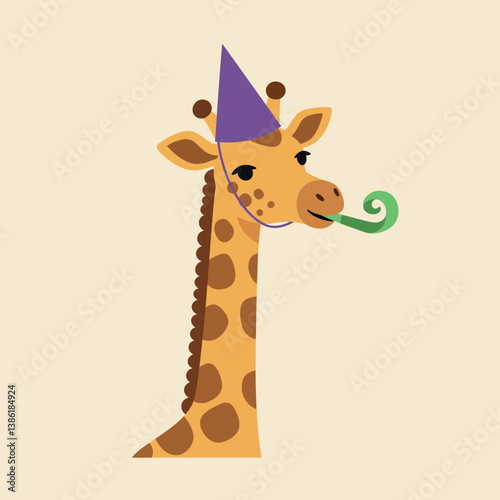 Playful giraffe wearing a party hat and blowing a noisemaker in flat vector art