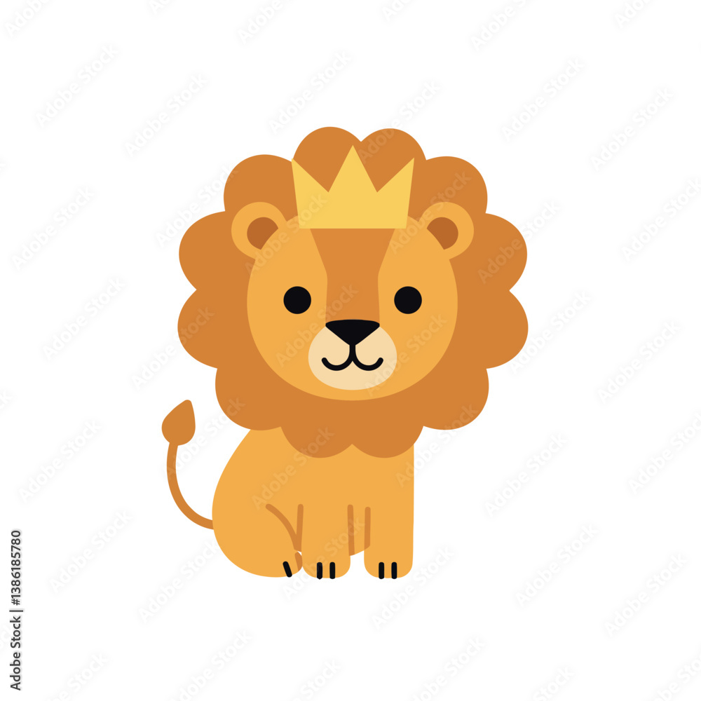 Cute lion character wearing a crown in a flat design style vector illustration Cute lion character wearing a crown in a flat design style vector illustration