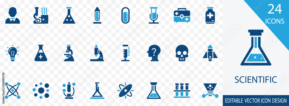 Scientific filled icon set. containing Chemistry, Biology, Physics, Astronomy, Microscope, Laboratory and more vector design