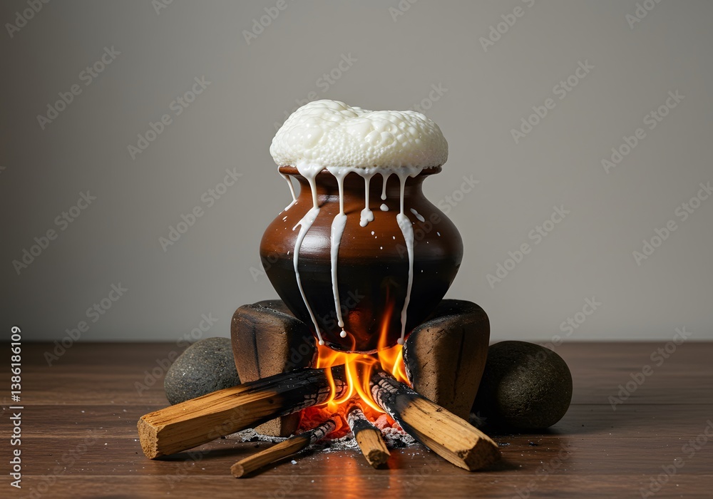 Fototapeta premium Traditional Sri Lankan Avurudu Boiling Milk Ceremony Clay Pot Firewood Rocks