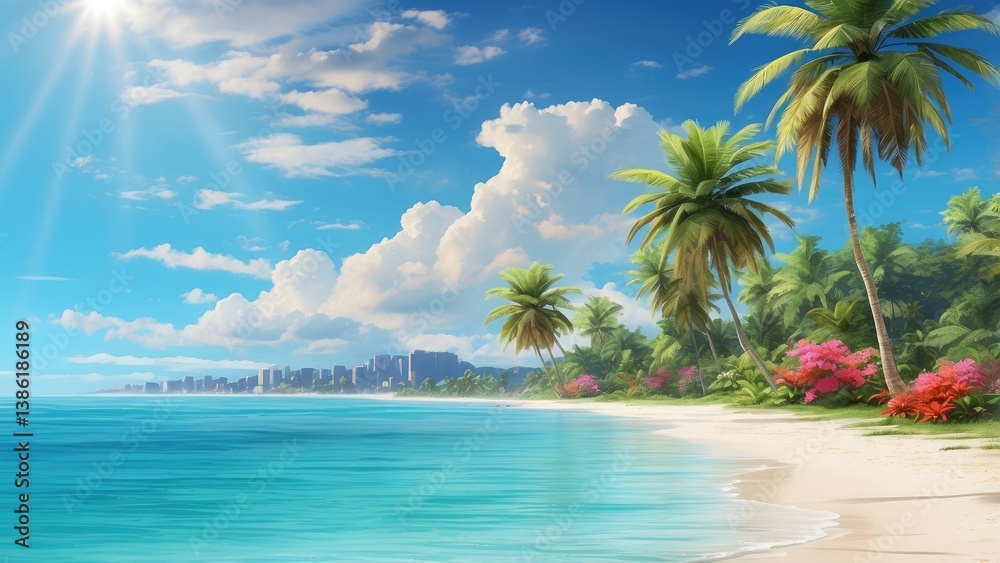 Fototapeta premium A serene beach scene with white sand, gentle waves