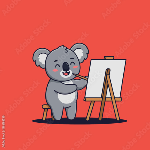 Cute koala painting on an easel in a flat cartoon style vector illustration