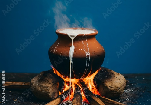 Traditional Sri Lankan Avurudu Boiling Milk Ceremony Clay Pot Firewood Rocks Blue Background