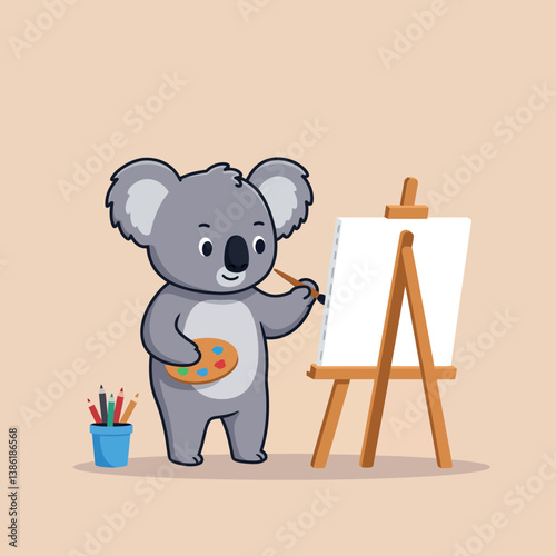 Cute koala painting on an easel with vibrant colors in a flat vector art style