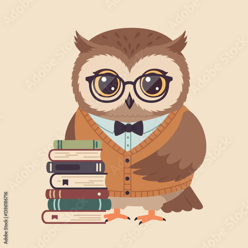 Owl wearing glasses and a bow tie beside stacked books in flat vector art
