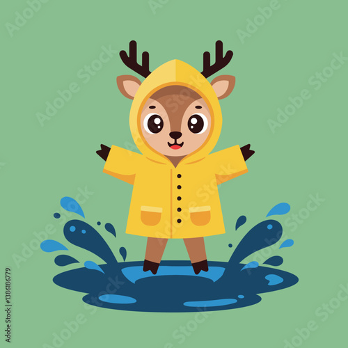 Cute deer wearing a yellow raincoat joyfully splashing in puddles, flat vector art