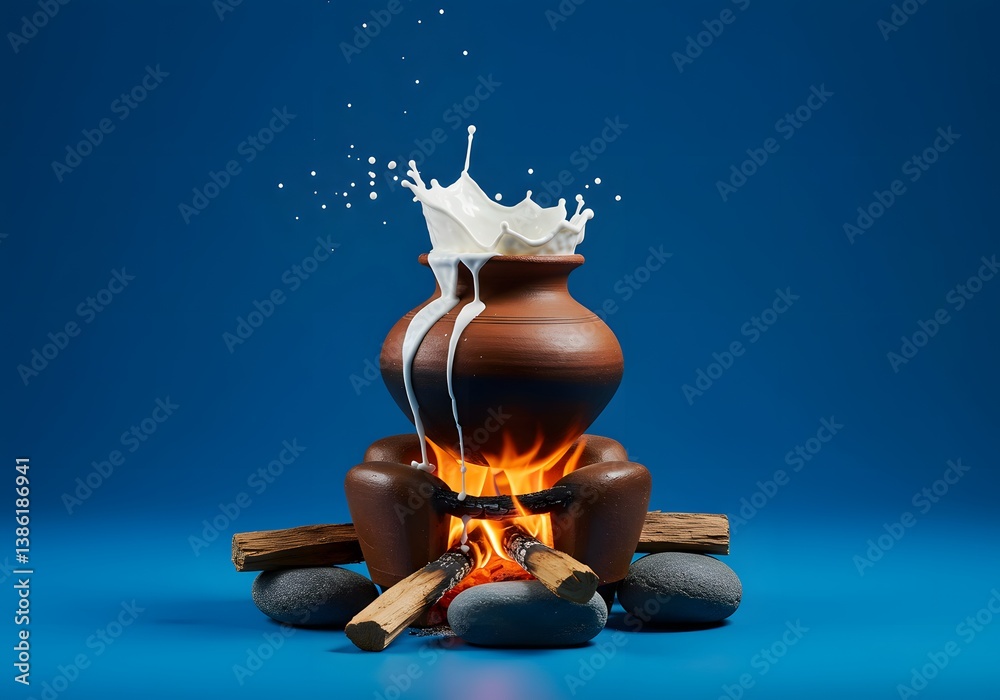 Obraz premium Traditional Sri Lankan Avurudu Boiling Milk Ceremony Clay Pot Firewood Rocks Blue Background