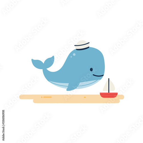 Happy blue whale wearing a sailor hat near a small red sailboat in flat vector art