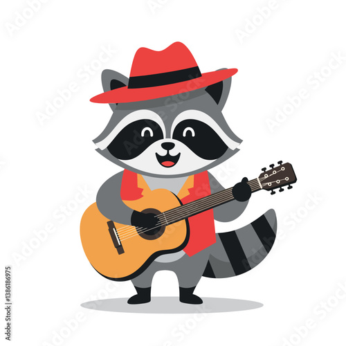 Raccoon character playing guitar in a vibrant and cheerful flat vector illustration