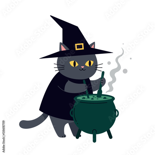 Black cat wearing a witch hat stirring a cauldron in flat vector art