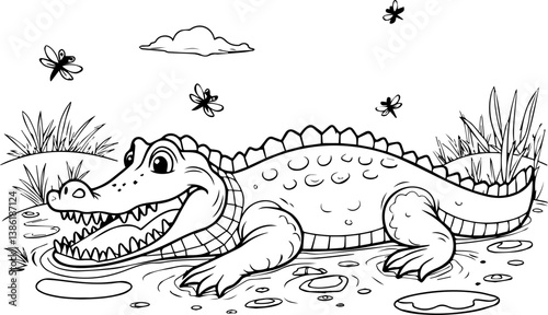 Cartoon crocodile smiling near water in a playful outdoor scene  