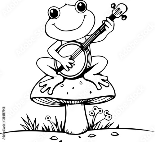 Happy frog playing banjo on a mushroom in a whimsical setting  