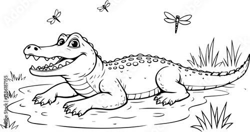 Cartoon crocodile smiling in water surrounded by dragonflies  