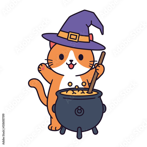 Cute orange cat wearing a witch hat stirring a cauldron in flat vector art