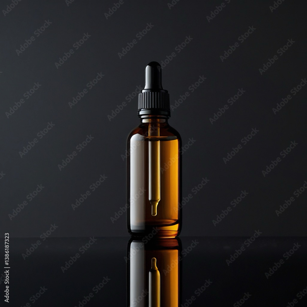 A brown glass dropper bottle with a black cap stands on a beige surface.
A brown glass dropper bottle with a black cap stands on a beige surface.