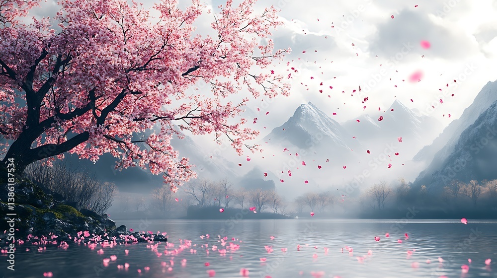 A beautiful pink flowering tree over a tranquil lake in nature
