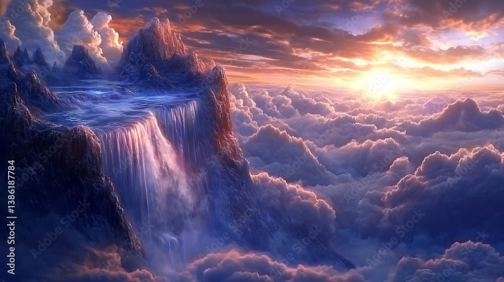 Stunning sky high cliff with waterfall during sunset hours