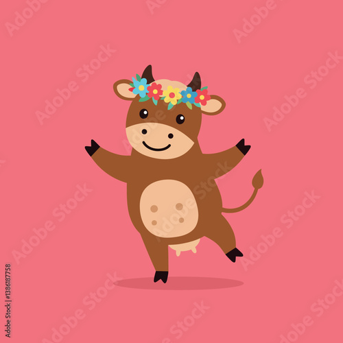 Cheerful cartoon cow wearing a flower crown dancing joyfully in a flat vector illustration