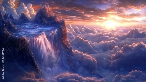 Stunning sky high cliff with waterfall during sunset hours