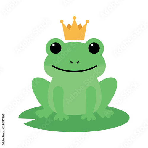 A charming green frog wearing a golden crown in a playful flat vector illustration
