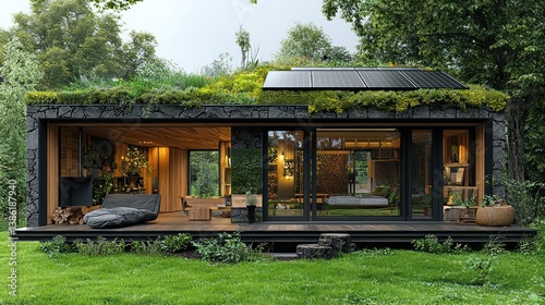 Eco-friendly modern house with green roof and solar panels.