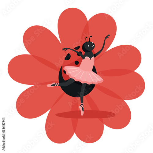 A joyful ladybug ballet dancer in a pink tutu performing on a vibrant red flower, flat vector art