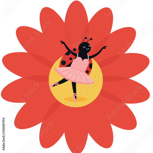 Ladybug ballerina dancing gracefully on a vibrant red flower in flat vector art