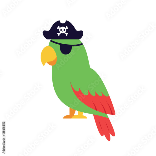 Colorful parrot wearing a pirate hat in flat vector art style showcasing a cheerful demeanor and whimsical charm