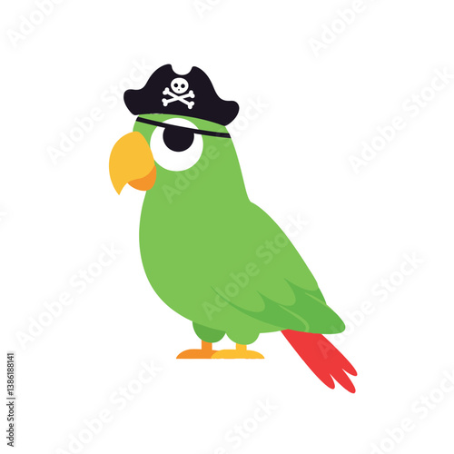 Green pirate parrot wearing a black hat and eye patch in flat vector art
