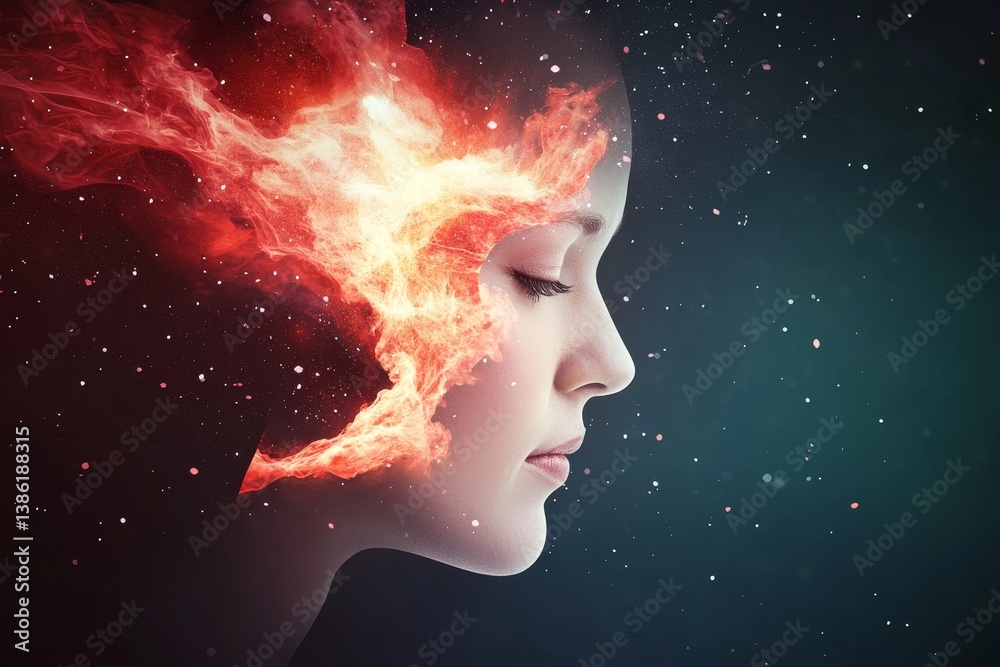 Fiery Abstract Portrait in Cosmic Space - A serene female face merges with a fiery cosmic explosion, symbolizing inner strength, transformation, passion, energy, and the universe's power Fiery Abstract Portrait in Cosmic Space - A serene female face merges with a fiery cosmic explosion, symbolizing inner strength, transformation, passion, energy, and the universe's power