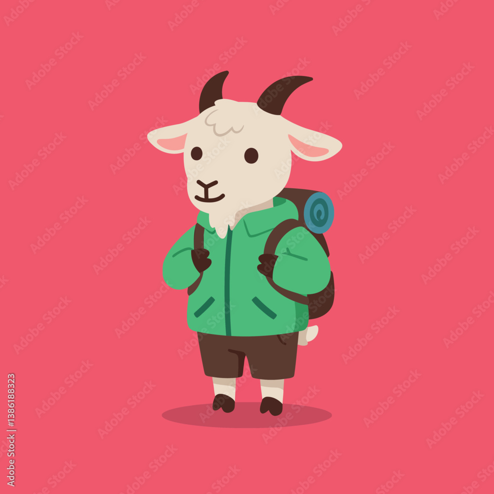 Obraz premium Cartoon goat character wearing a green jacket with a backpack in a playful, flat vector illustration