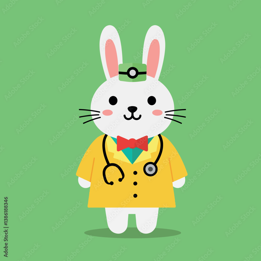 Obraz premium Cute cartoon rabbit doctor in a yellow coat with a stethoscope, flat vector illustration