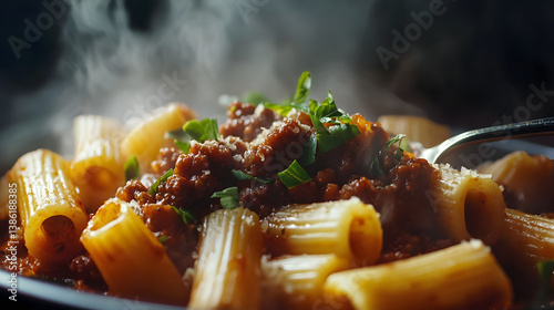 A dynamic image of rigatoni pasta being served on a plate with a spoonful of bolognese sauce and garnished with fresh herbs.