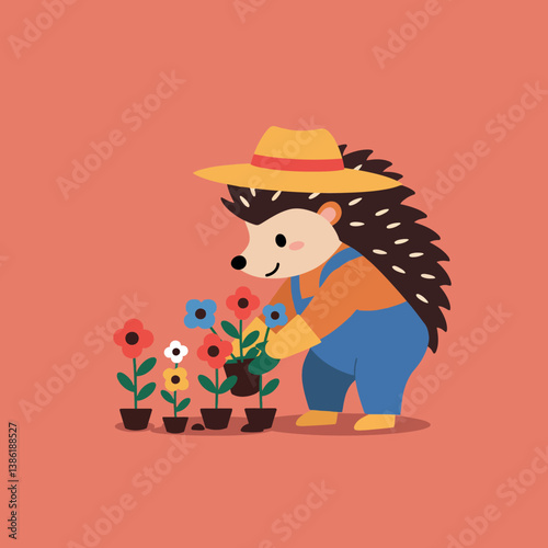 A hedgehog gardener in a straw hat tending colorful flowers in a minimal vector illustration