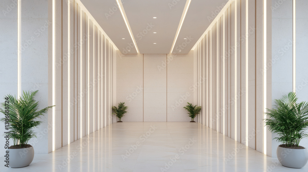 Fototapeta premium architectural 3D renderings + minimalist + visualization + blueprint Modern hallway with sleek design, featuring plants and elegant lighting.