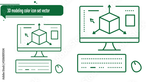 3D modeling color icon set vector