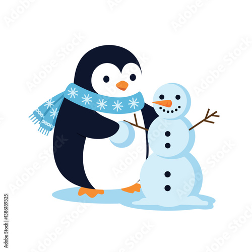 A cheerful penguin wearing a blue scarf builds a snowman in a playful winter scene vector illustration
