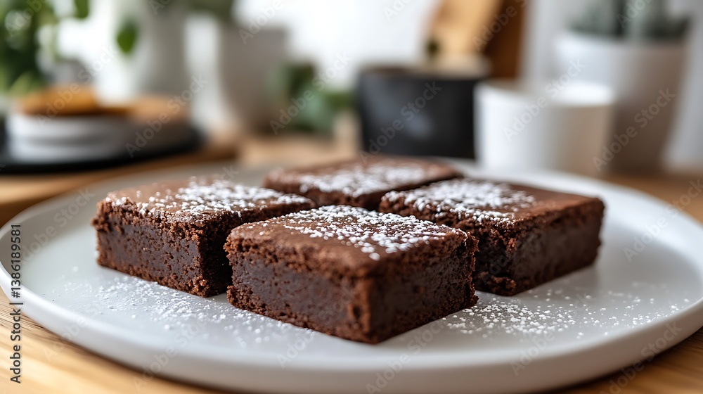 Delicious chocolate brownies dusted with powdered sugar on a plate