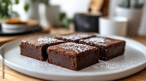 Obraz na płótnie Delicious chocolate brownies dusted with powdered sugar on a plate w salonie