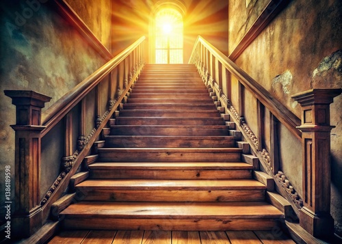 Vintage Staircase Ascending to Light, Heavenly Steps, Spiritual Journey Photo